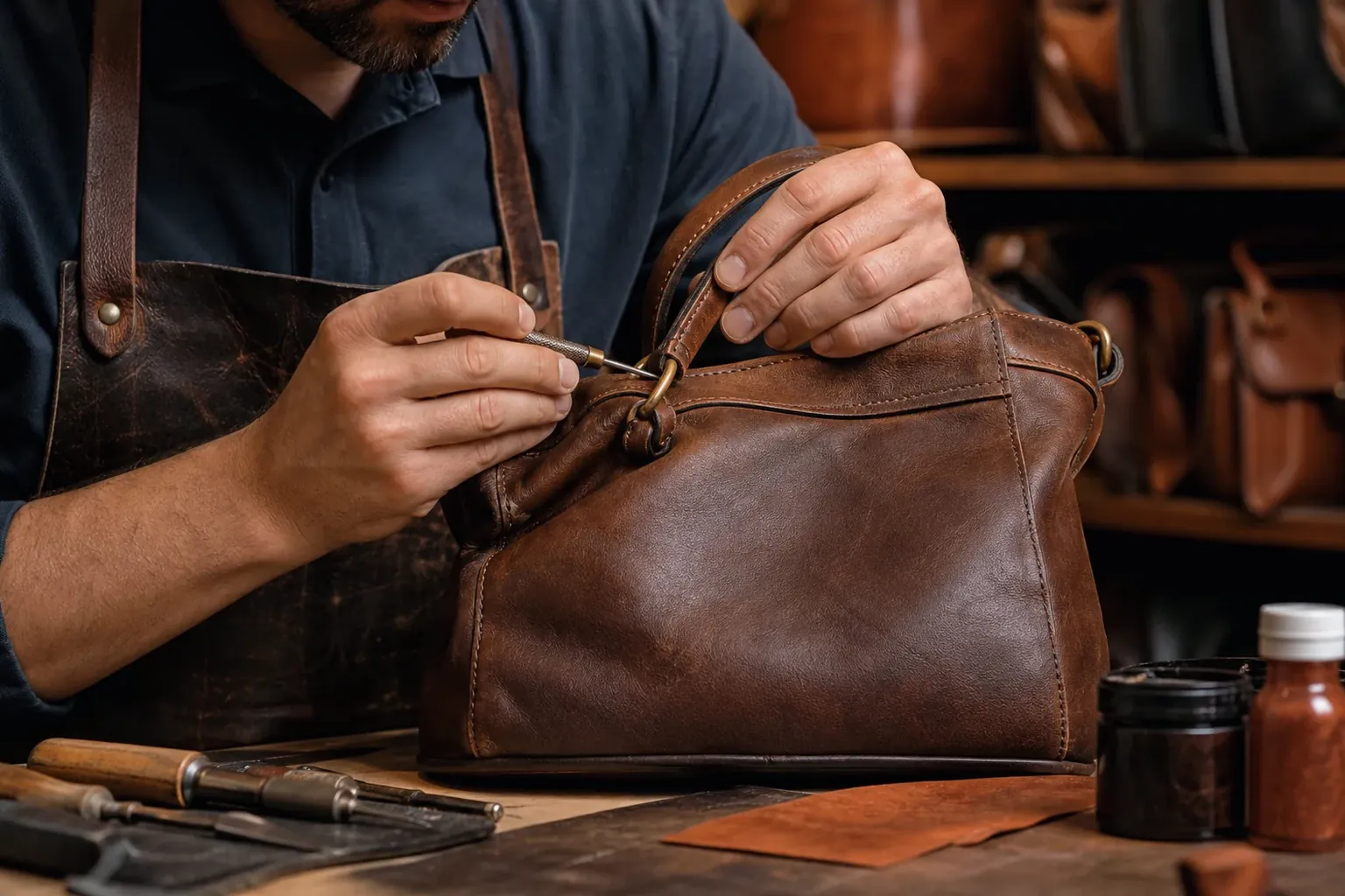 Sapateiro reformando bolsa de couro em Nossa Senhora do Socorro.
